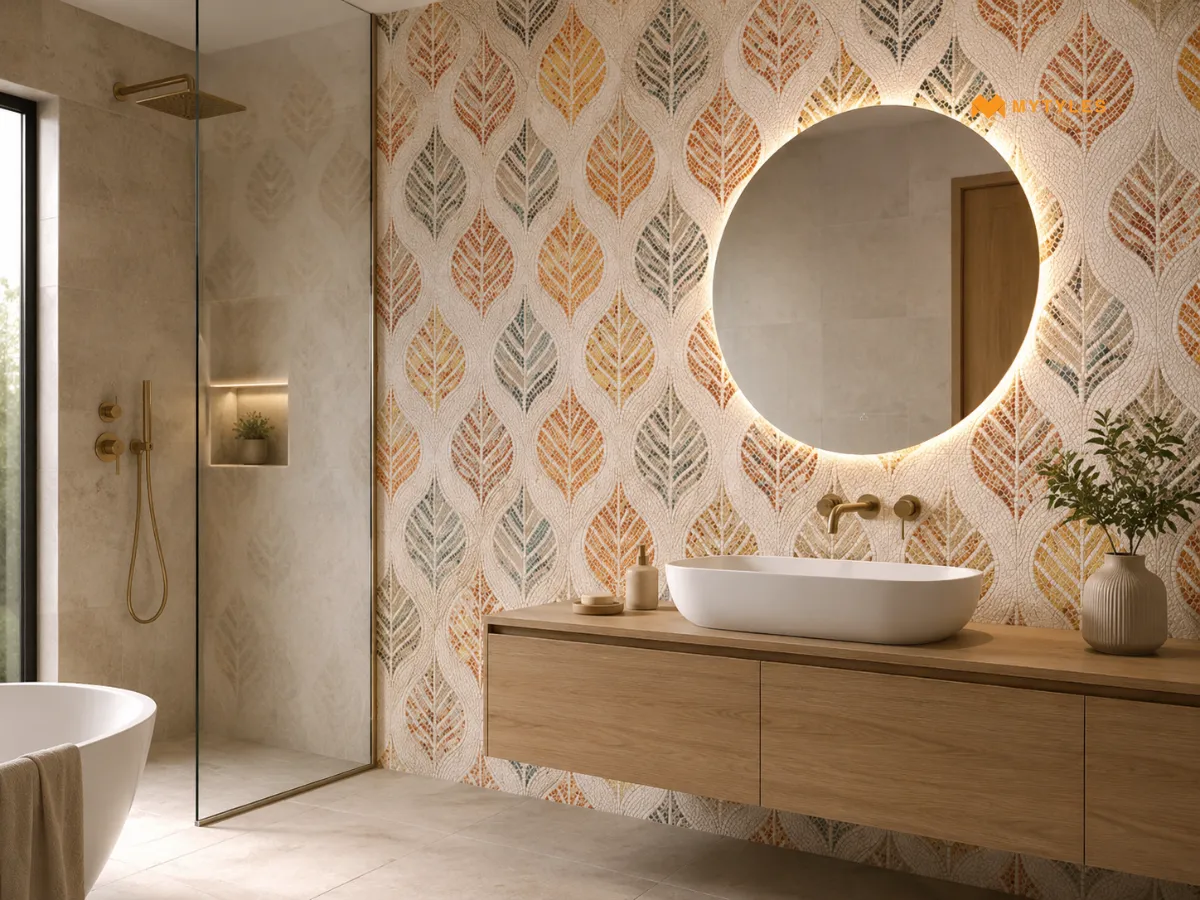 Digital Tropical Print Beige wall tile in Bathroom Wall